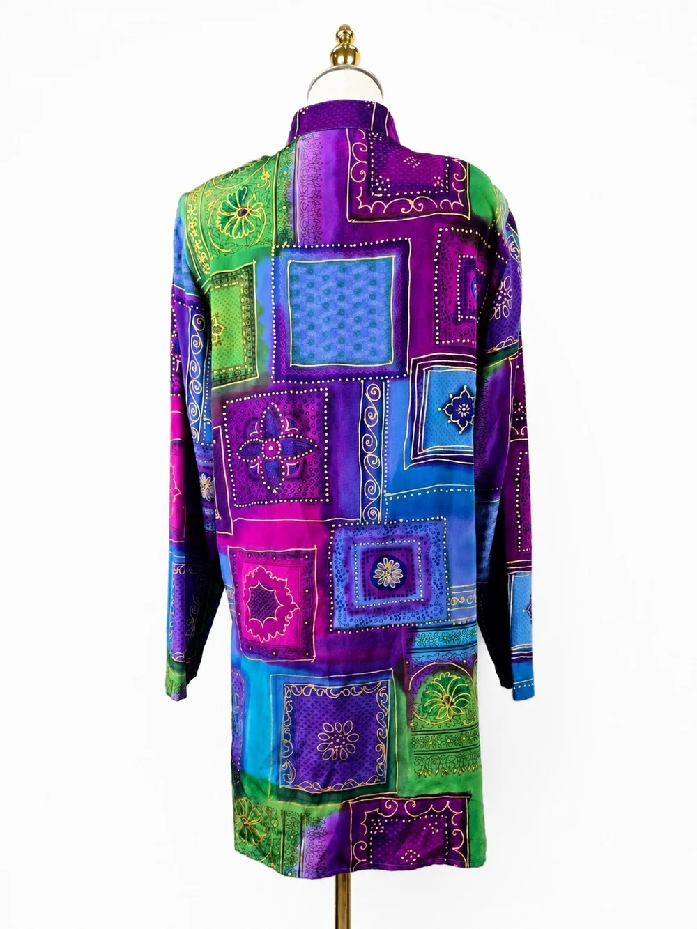 Vintage Diane Gilman 100% Silk Tunic M Jewel Tone Patchwork Art to Wear Y2K
